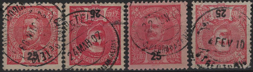 1842.jpg -     Lote:    1842            Portugal       Descrição:         Carimbos circulares datados, tipo 1880 * 1898 &mdash; D. Carlos I. Mf141, 25 reis carmim. Lote com 4 selos obliterados com carimbos batidos a preto "D. MIGUEL DA ACHA", "S. MARTINHO DAS AMOREIRAS", "S. PEDRO DA CADEIRA" e "S. THEOTONIO".         O       Valor Base:     &euro; 15,00     Valor Venda:     &euro;      