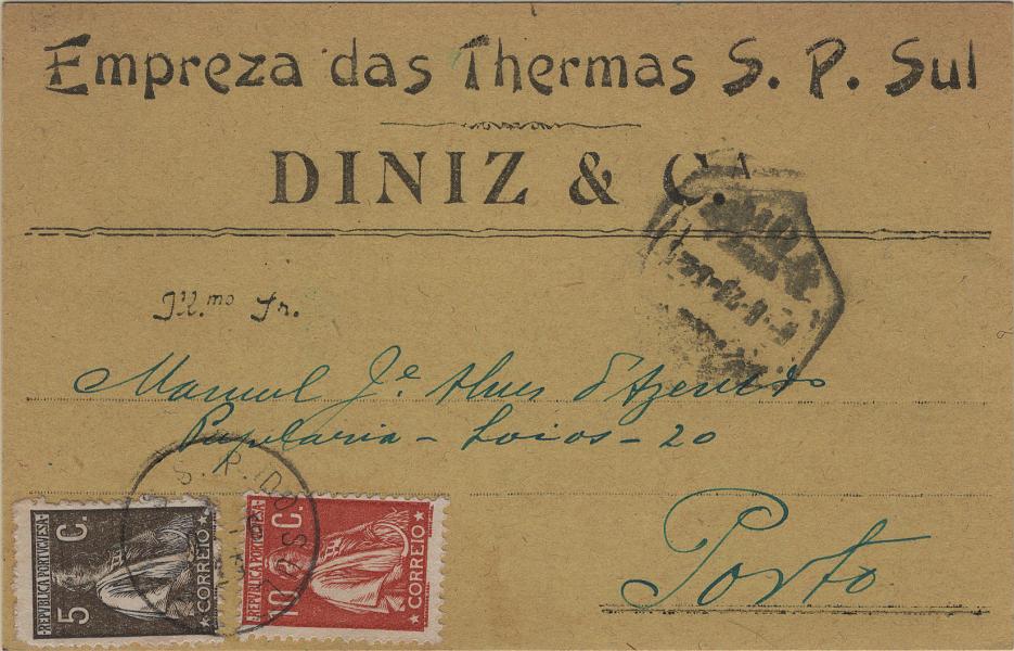 1848.jpg -     Lote:    1848            Portugal       Descrição:         Carimbos tipo francês. 1912/23 &mdash; Ceres. Mf215, denteado 12x11 &frac12; + Mf252, 5c sépia em postal ilustrado circulado de S. Pedro do Sul (10.06.23) para o Porto (11.06.23). Carimbo batido a preto do "S. P. DO SUL".         PI       Valor Base:     &euro; 15,00     Valor Venda:     &euro;      