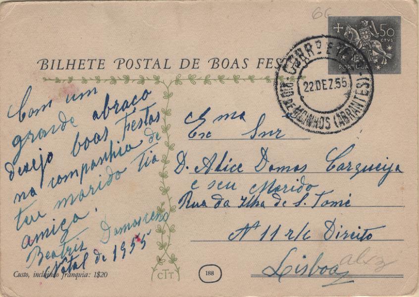 1850.jpg -     Lote:    1850            Portugal       Descrição:         Carimbos circulares datados. 1955 &mdash; Boas Festas. Selo tipo Cavaleiro Medieval. OM132 (n.º 188 &mdash; Jesus) circulado de Rio de Moinhos / Abrantes (22.12.55) para Lisboa. Carimbo batido a preto (RIO DE MOINHOS (ABRANTES)". B e R.         IC       Valor Base:     &euro; 10,00     Valor Venda:     &euro;      