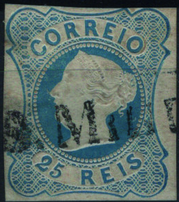 1851.jpg -     Lote:    1851            Açores       Descrição:         Carimbos nominativos. 1853 &mdash; D. Maria II. Mf2, 25 reis azul, tipo II, com margens curtas, obliterado com carimbo nominativo batido a preto "S. MIGUEL". Exemplar com adelgaçamentos.         O       Valor Base:     &euro; 50,00     Valor Venda:     &euro;      