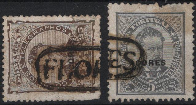 1852.jpg -     Lote:    1852            Açores       Descrição:         Carimbos nominativos. 1882/87 &mdash; D. Luís I, de frente. Selos do Continente com sobrecarga AÇORES. Mf48 5 reis cinzento + Mf49, 25 reis castanho. Obliterados com carimbo batido a sépia "FLORES". Um selo com dente curto.         O       Valor Base:     &euro; 40,00     Valor Venda:     &euro;      