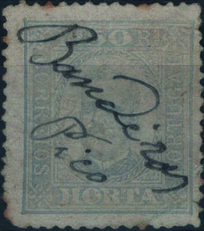 1854.jpg -     Lote:    1854            Açores       Descrição:         Obliterações manuscritas. 1892/93 &mdash; D. Carlos I. Mf6, 50 reis azul claro, denteado 12 Ÿ, papel porcelana, com obliteração manuscrita "BANDEIRAS / PICO". Selo com alguns defeitos.         O       Valor Base:     &euro; 20,00     Valor Venda:     &euro;      