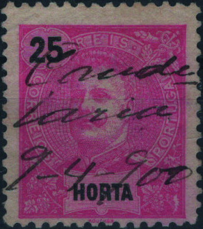 1855.jpg -     Lote:    1855            Açores       Descrição:         Obliterações manuscritas. 1898/1905 &mdash; D. Carlos I, 25 reis carmim rosa, com obliteração manuscrita "CANDE/LARIA / 9-4-900".         O       Valor Base:     &euro; 20,00     Valor Venda:     &euro;      
