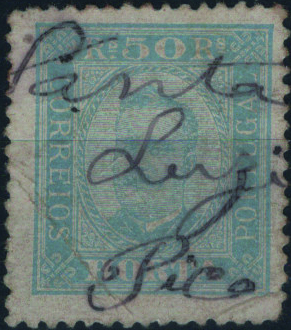 1858.jpg -     Lote:    1858            Açores       Descrição:         Obliterações manuscritas. 1892/93 &mdash; D. Carlos I. Mf71a, 50 reis azul claro, papel porcelana, denteado 12 Ÿ, com obliteração "SANTA / LUZIA / PICO". Selo com um canto curto.         O       Valor Base:     &euro; 20,00     Valor Venda:     &euro;      