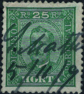 1862.jpg -     Lote:    1862            Açores       Descrição:         Obliterações manuscritas. 1892/93 &mdash; D. Carlos I. Mf 5, 25 reis verde, denteado 11 Ÿ, papel porcelana com obliterações a preto "S. MATHEUS / 5/11/9?". Selo com um canto curto.         O       Valor Base:     &euro; 20,00     Valor Venda:     &euro;      