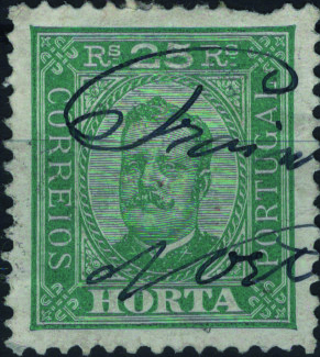 1863.jpg -     Lote:    1863            Açores       Descrição:         Obliterações manuscritas. 1892/93 &mdash; D. Carlos I Diogo Neto. Emissão para a Horta. Mf5, 25 reis verde, denteado 11 Ÿ, com obliteração manuscrita a preto "PRAINHA / NORTE". Exemplar com um dente curto.         O       Valor Base:     &euro; 10,00     Valor Venda:     &euro;      