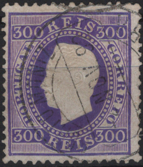 1864.jpg -     Lote:    1864            Madeira       Descrição:         Carimbos circulares datados, tipo 1880. 1870/76 &mdash; D. Luís I, fita direita. Mf47, 300 reis violeta, denteado 12 Ÿ, papel liso, obliterado com carimbo batido a preto "PORTO MONIZ / MADEIRA".         O       Valor Base:     &euro; 20,00     Valor Venda:     &euro;      