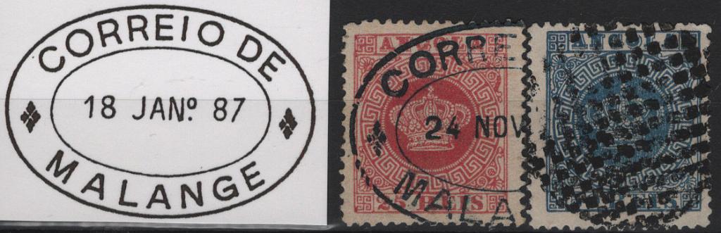 1865.jpg -     Lote:    1865            Angola       Descrição:         Carimbos de dupla oval + carimbos mudos. 1870/85 &mdash; Coroa. Lote com dois selos: Mf4, 25 reis carmim, denteado 12 Ÿ com carimbo a preto "CORREIO DE / MALANGE" (acompanha desenho do carimbo) + Mf14, 50 reis azul, denteado 12 Ÿ, com carimbo mudo batido a preto         O       Valor Base:     &euro; 8,00     Valor Venda:     &euro;      