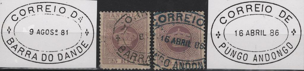 1867.jpg -     Lote:    1867            Angola       Descrição:         Carimbos de dupla oval. 1881/85 &mdash; Coroa. Mf12, 25 reis violeta, papel liso médio, denteado 12 Ÿ. Lote com dois selos obliterados com carimbos batidos a preto "CORREIO DA / BARRA DO DANDE" e "CORREIO DE PUNGO ANDONGO". Acompanham desenhos dos carimbos.         O       Valor Base:     &euro; 15,00     Valor Venda:     &euro;      