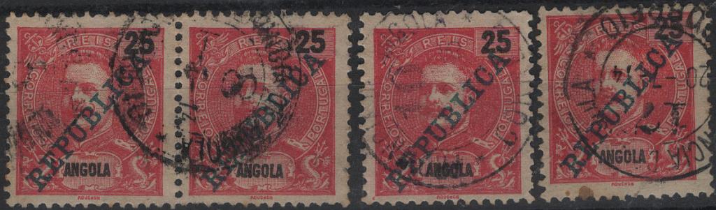 1868.jpg -     Lote:    1868            Angola       Descrição:         Carimbos numéricos volante. 1911 &mdash; D. Carlos I Mouchon, com sobrecarga REPÚBLICA. Mf93, 25 reis carmim. Lote com par obliterado com numérico "8" à data atribuído à estação postal de CANHOCA, selo isolado com numérico "10" à data atribuído à estação de VILA ARRIAGA" e outro com carimbo numérico "17" à data na estação de N'DALA TANDO.         O       Valor Base:     &euro; 12,00     Valor Venda:     &euro;      