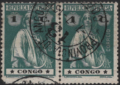 1869.jpg -     Lote:    1869            Angola       Descrição:         Carimbos numéricos volantes. 1914 &mdash; Ceres. Mf101, 1c verde, papel porcelana, denteado 15x14. Par horizontal obliterado com carimbo numérico batido a preto "13" à data atribuído à Estação Postal de MAQUELA DO ZOMBO.         O       Valor Base:     &euro; 8,00     Valor Venda:     &euro;      