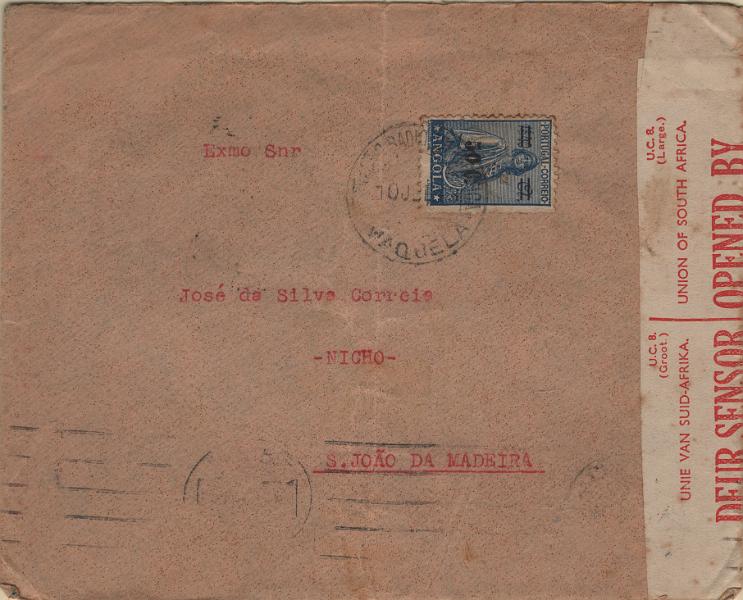 1871.jpg -     Lote:    1871            Angola       Descrição:         Carimbos circulares datados. 1942 &mdash; Ceres. Novo tipo. Com sobretaxa. Mf283, 50c s/ 1,40A em sobrescrito circulado de Maquela do Zombo (10.07.43) para S. João da Madeira (08.10.43) via África do Sul onde foi censurado e Lisboa (05.10.43). Sobrescrito com dobra vertical ao centro. Carimbo circular datado batido a preto "ESTAÇÃO RADIOTELEGRAFICA / MAQUELA".         Carta       Valor Base:     &euro; 15,00     Valor Venda:     &euro;      