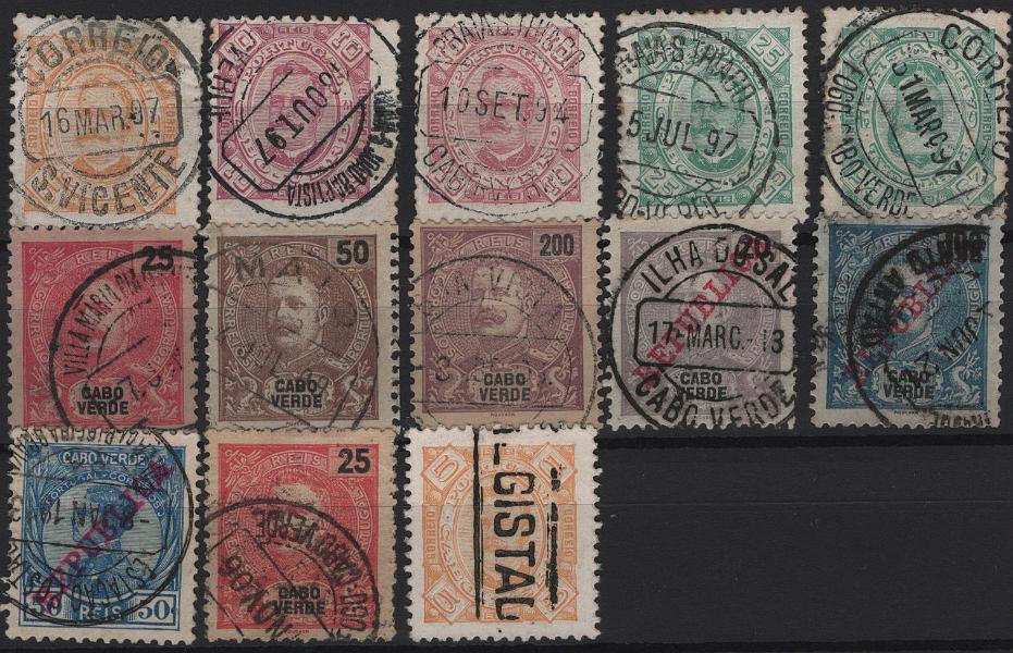 1874.jpg -     Lote:    1874            Cabo Verde       Descrição:         Carimbos circulares datados e de registo. Lote com 13 selos desde D. Carlos I tipo Diogo Neto até D. Carlos I Mouchon, com sobrecarga REPUBLICA, obliterados com carimbos batidos a preto de: S. VICENTE, S. JOÃO BAPTISTA, PRAIA - S. THIAGO (2), FOGO (2), VILLA MARIA PIA, MAIO, BOA VISTA, ILHA DO SAL, SANTO ANTÃO, VILA DA RIBEIRA BRAVA + nominativo "REGISTADA".         O       Valor Base:     &euro; 20,00     Valor Venda:     &euro;      