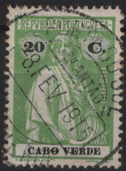 1877.jpg -     Lote:    1877            Cabo Verde       Descrição:         Carimbos circulares datados. 1914 &mdash; Ceres. Selo de 20c verde amarelo obliterado com carimbo batido a preto "PONTA DO SOL / ST.º ANTÃO / CABO VERDE / 8.FEV.1916".         O       Valor Base:     &euro; 12,00     Valor Venda:     &euro;      