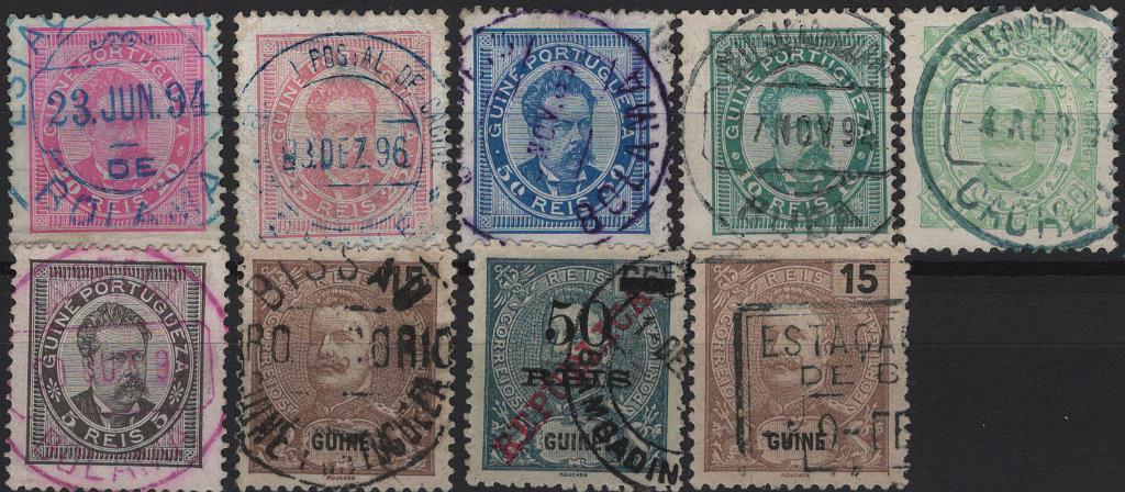 1878.jpg -     Lote:    1878            Guiné       Descrição:         Marcofilia diversa. Lote com 9 selos desde D. Luís I até D. Carlos I Mouchon com diversas tipologias e de diversas estações postais: circulares datados de: BOLAMA (a azul, violeta e vermelho), CACINE, BUBA, CACHEU, BISSAU, BAMBADINCA e BIDAU (retangular". Lote muito interessante.         O       Valor Base:     &euro; 20,00     Valor Venda:     &euro;      