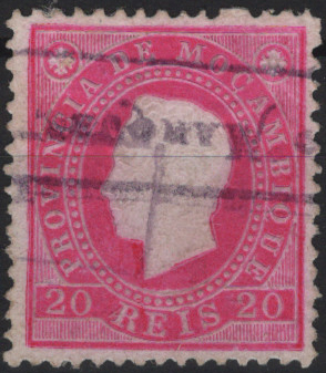1881.jpg -     Lote:    1881            Moçambique       Descrição:         Carimbos nominativos. 1886 &mdash; D. Luís I. Fita direita. Mf17, 20 reis rosa, denteado 12 Ÿ, papel porcelana, obliterado com carimbo batido a violeta "LOURENÇO MARQUES". Exemplas com adelgaçamentos, sem reparações.         O       Valor Base:     &euro; 12,00     Valor Venda:     &euro;      