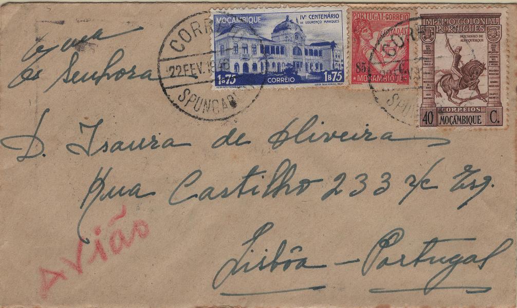 1882.jpg -     Lote:    1882            Moçambique       Descrição:         Carimbos circulares datados. 1933/46 &mdash; Lusíadas + Império Colonial Português + 4.º Centenário de Lourenço Marques. Sobrescrito circulado de Spungabera (22.02.46) para Lisboa (12.03.46) com trânsito pela Beira (25.02.46), com selos de 85c, 40c e 1$75, Mf282, 294 e 314. Carimbo batido a preto de "SPUNGABERA".         Carta       Valor Base:     &euro; 15,00     Valor Venda:     &euro;      