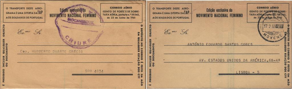 1883.jpg -     Lote:    1883            Moçambique       Descrição:         Marcofilia diversa. Lote com dois aerogramas circulados e obliterados com marcas diferentes: um circulado de Chiure para o SPM 4034 com carimbo a violeta "C.T.T. / MOÇAMBIQUE / CHIURE" e outro circulado de Movene (17.02.69) para Lisboa com carimbo c preto "C.T.T. / MOVENE".         ARG       Valor Base:     &euro; 15,00     Valor Venda:     &euro;      
