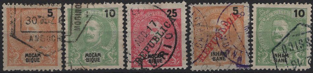 1884.jpg -     Lote:    1884            Moçambique       Descrição:         Marcofilia diversa * Hexagonais e circulares datados. Lote com 5 selo tipo D. Carlos I Mouchon, com carimbos batidos a preto e violeta de "ANGOCHE, MODINQUALE, LURIO, QUISSICO e CUMBANA / TELEGRAPHO (a violeta)".         O       Valor Base:     &euro; 15,00     Valor Venda:     &euro;      
