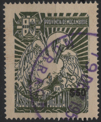 1888.jpg -     Lote:    1888            Moçambique       Descrição:         Carimbos circulares datados. 1952/56 &mdash; Imposto Postal. Pelicano. Legenda Província de Moçambique". Mf IP55, $50 verde oliva. Obliterado com carimbo batido a violeta "MURRAÇA".         O       Valor Base:     &euro; 12,00     Valor Venda:     &euro;      