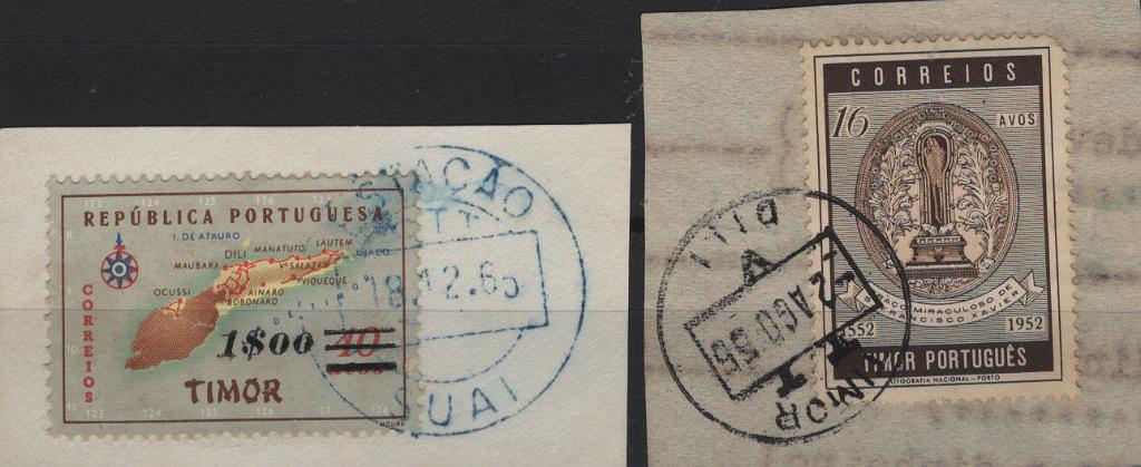 1895.jpg -     Lote:    1895            Timor       Descrição:         Carimbos circulares datados e do serviço de vales postais. Dois fragmentos de carta, um deles com selo Mf310 com carimbo batido a azul de "SUAI" e outro com selo Mf288 com carimbo a preto "DILI / V".         O       Valor Base:     &euro; 12,00     Valor Venda:     &euro;      
