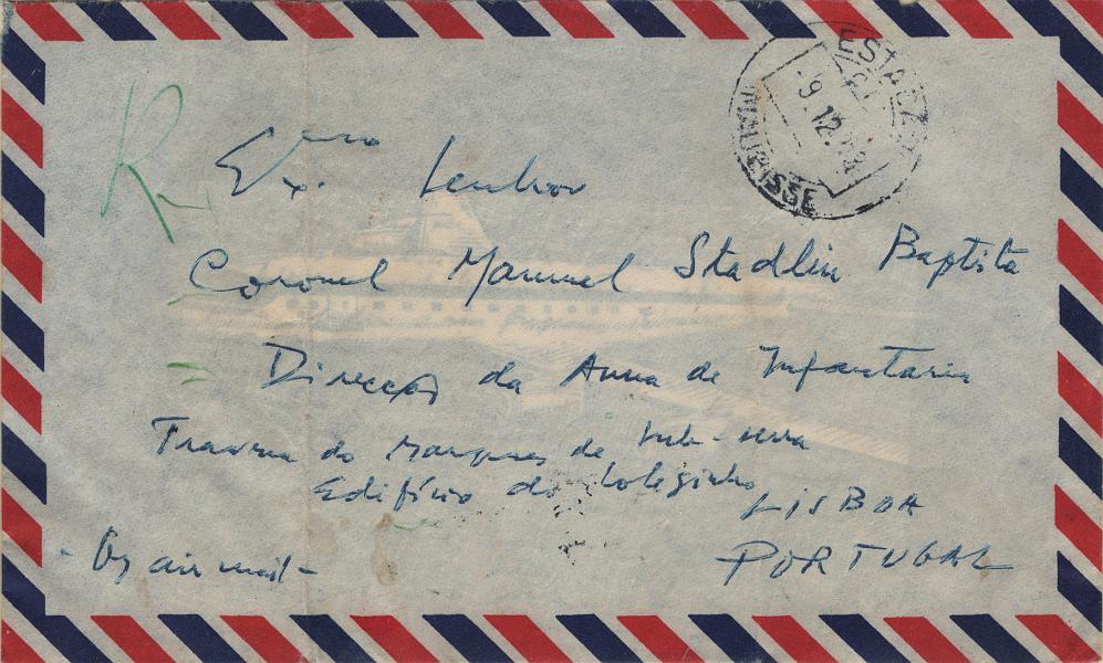 1896.jpg -     Lote:    1896            Timor       Descrição:         Carimbos circulares datados. 1961 &mdash; Arte Indígena. Mf323, 4$50 em sobrescrito circulado de Maubisse (09.12.63) para Lisboa, com trânsito por Dili (10.12.63). Carimbo batido a preto de "MAUBISSE".         Carta       Valor Base:     &euro; 20,00     Valor Venda:     &euro;      