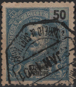 1897.jpg -     Lote:    1897            S. Tomé e Príncipe       Descrição:         Carimbos octogonais. 1898/1901 &mdash; D. Carlos I Mouchon. Mf49, 50 reis azul, obliterado com carimbo batido a peto "CORREIO DE SANT'ANNA".         O       Valor Base:     &euro; 25,00     Valor Venda:     &euro;      