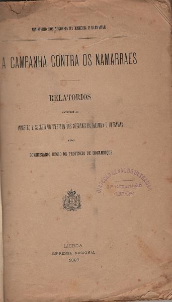 1906.jpg -     Lote:    1906                   Descrição:         Relatórios das Campanhas contra os Namarraes. Lisboa, Imprensa Nacional, 1897.         Livro       Valor Base:     &euro; 50,00     Valor Venda:     &euro;      