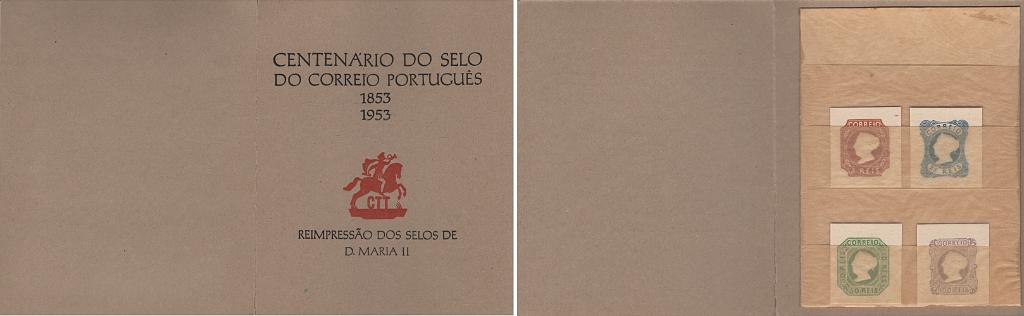 1926.jpg -     Lote:    1926            Portugal       Descrição:         Reimpressões de 1953 * 1853 &mdash; D. Maria II. Série completa na carteira oficial dos CTT, com margens de luxo bem equilibradas. Excelente qualidade. Valor de catálogo &euro; 440,00.         R*       Valor Base:     &euro; 75,00     Valor Venda:     &euro;      