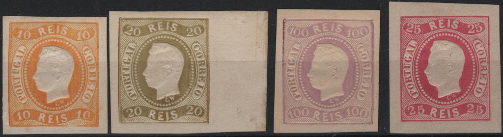 1927.jpg -     Lote:    1927            Portugal       Descrição:         Reimpressões de 1885 + Reimpressões de 1905. Lote composto por 3 reimpressões de 1885 de 10 reis, 20 reis (bordo de folha) e 240 reis + uma reimpressão de 1905 de 25 reis. Todas com margens larga a luxo. Valor de catálogo &euro; 275,00.         R*/R**       Valor Base:     &euro; 36,00     Valor Venda:     &euro;      