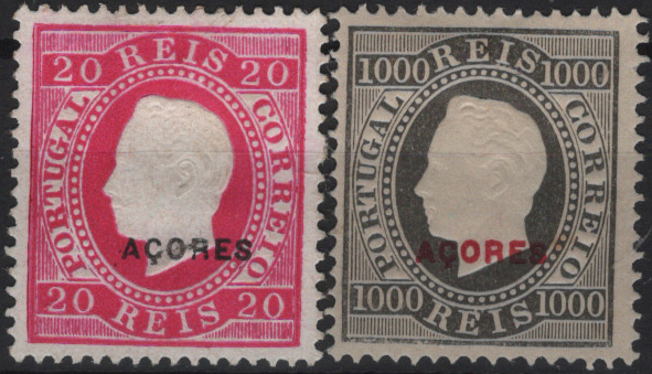 1929.jpg -     Lote:    1929            Açores       Descrição:         Reimpressões de 1885 e 1905 * 1885 &mdash; D. Luís I, fita direita. Nova cor e valor. Selos do Continente com sobrecarga AÇORES, tipo D. Mf58, 20 reis carmim, reimpressão de 1885 e Mf59, 1000 reis preto, reimpressão de 1905. Valor de catálogo &euro; 120,00.         R*/ R**       Valor Base:     &euro; 24,00     Valor Venda:     &euro;      