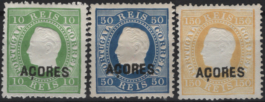 1931.jpg -     Lote:    1931            Açores       Descrição:         Reimpressões de 1885 * 1871/76 &mdash; D. Luís I, fita direita. Novas cores. Selos do Continente com sobrecarga AÇORES. Mf 29/31, denteado 13 &frac12;. Série completa de reimpressões, sem defeitos nem reparações, com boa cor e relevo. Valor de catálogo &euro; 114,00.         R*       Valor Base:     &euro; 20,00     Valor Venda:     &euro;      