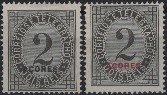 1933.jpg -     Lote:    1933            Açores       Descrição:         Reimpressões de 1885 * 1885 &mdash; Taxa de Telegramas. Selos do Continente com sobrecarga AÇORES, tipo D. Mf51, 2 reis. Lote com duas reimpressões em denteado 13 &frac12;, com as sobrecargas a preto e vermelho. Valor de catálogo &euro; 60,00.         R*       Valor Base:     &euro; 12,00     Valor Venda:     &euro;      