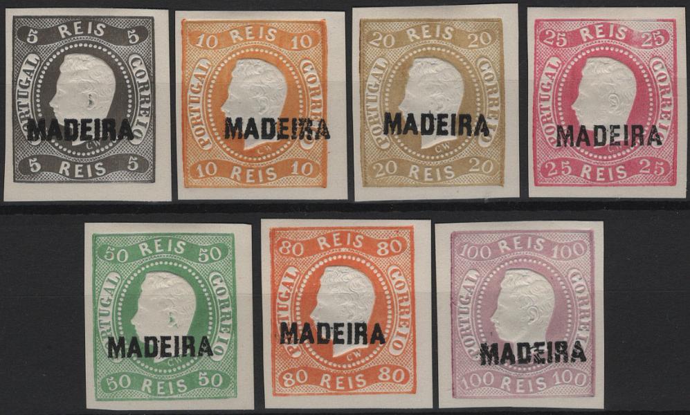 1938.jpg -     Lote:    1938            Madeira       Descrição:         1868 &mdash; D. Luís I. Fita curva, não denteados. Selos do Continente com s sobrecarga MADEIRA, tipo B. Reimpressões de 1885. Série incompleta, faltando as reimpressões de 120 e 240 reis. Valor de catálogo &euro; 315,00.         R*       Valor Base:     &euro; 50,00     Valor Venda:     &euro;      