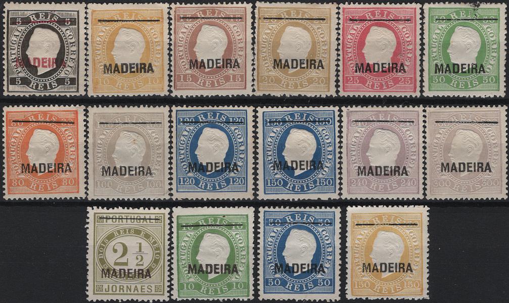 1939.jpg -     Lote:    1939            Madeira       Descrição:         Reimpressões de 1885. 1871/80 &mdash; D. Luís I, fita Direita + Jornaes + D. Luís I, fita direita. Novas cores. Selos do Continente com sobrecarga MADEIRA. MF 14/29. As três séries completas de reimpressões de 1885 com traço fino horizontal de 18mm, em denteado 13 &frac12;. MB e R.         R*       Valor Base:     &euro; 250,00     Valor Venda:     &euro;      
