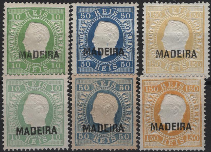 1940.jpg -     Lote:    1940            Madeira       Descrição:         Reimpressões de 1885 e 1905 * 1879/80 &mdash; D. Luís I. Fita direita. Selos do Continente com sobrecarga MADEIRA. Mf 27/29. As duas séries completas. Valor de catálogo &euro; 285,00.         R*       Valor Base:     &euro; 30,00     Valor Venda:     &euro;      