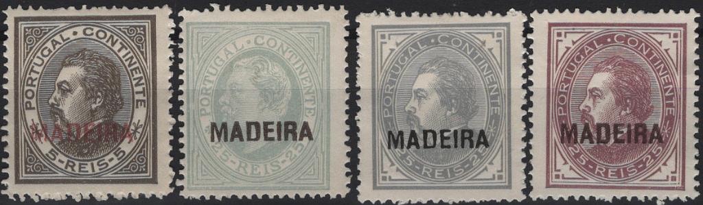 1941.jpg -     Lote:    1941            Madeira       Descrição:         Reimpressões de 1885 * 1880 &mdash; D. Luís I, de perfil. Selos do Continente com sobrecarga MADEIRA. Mf 30/32. Série completa de reimpressões com todas as tonalidades de 25 reis. Valor de catálogo &euro; 160,00.         R*       Valor Base:     &euro; 30,00     Valor Venda:     &euro;      