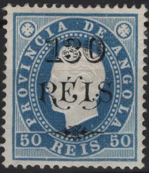 1942.jpg -     Lote:    1942            Angola       Descrição:         Reimpressões de 1905 * 1903 &mdash; D. Luís I, fita direita, com sobretaxa. Mf57, 130 reis s/ 50 reis azul claro. Reimpressão em denteado 13 &frac12;. Valor de catálogo &euro; 60,00.         R**       Valor Base:     &euro; 15,00     Valor Venda:     &euro;      