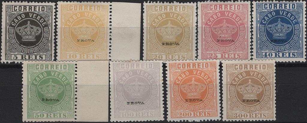 1943.jpg -     Lote:    1943            Cabo Verde       Descrição:         1877 &mdash; Coroa. Reimpressões de 1885. MF R1/9. Série completa com a sobrecarga "PROVA" pequena, batida horizontalmente a preto. Valor de catálogo &euro; 360,00.         R*       Valor Base:     &euro; 75,00     Valor Venda:     &euro;      