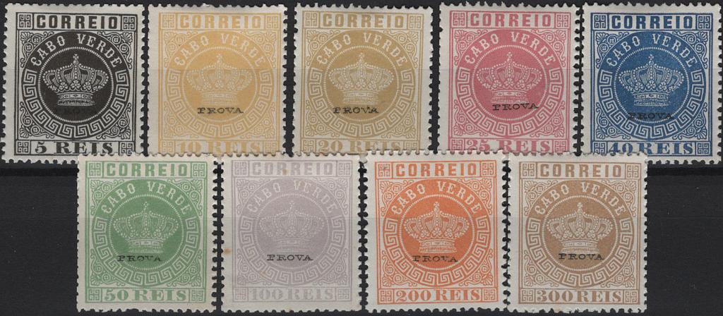 1944.jpg -     Lote:    1944            Cabo Verde       Descrição:         Reimpressões de 1885 * 1877 &mdash; Coroa. Mf 1/9. Série completa de reimpressões de 1885, denteado 13 &frac12;, com sobrecarga "PROVA" pequena na horizontal, a preto. Valor de catálogo &euro; 360,00. MB.         R*       Valor Base:     &euro; 70,00     Valor Venda:     &euro;      