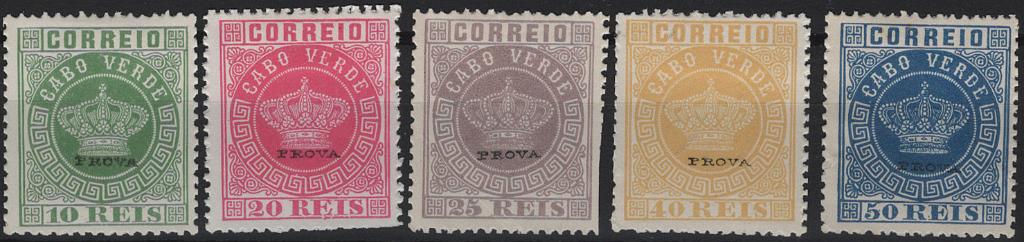 1945.jpg -     Lote:    1945            Cabo Verde       Descrição:         Reimpressões de 1885 * 1881/85 &mdash; Coroa. Novas cores. Mf 10/14. Série completa de reimpressões de 1885, em denteado 13 &frac12;, com a sobrecarga "PROVA" pequena, impressa a preto na horizontal. Valor de catálogo &euro; 200,00.         R*       Valor Base:     &euro; 40,00     Valor Venda:     &euro;      