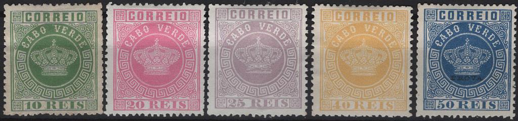 1947.jpg -     Lote:    1947            Cabo Verde       Descrição:         Reimpressões de 1885 * 1881/85 &mdash; Coroa. Novas cores. Mf 10/14. Série completa de reimpressões de 1885, em denteado 13 &frac12;. Valor de catálogo &euro; 150,00.         R*       Valor Base:     &euro; 30,00     Valor Venda:     &euro;      