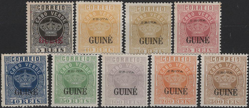 1948.jpg -     Lote:    1948            Guiné       Descrição:         1879/84 &mdash; Coroa. Selos de Cabo Verde, com sobrecarga "GUINÉ" grande. MF10/18. Série completa de reimpressões de 1885, denteado 13 &frac12;, com sobrecarga "PROVA" pequena, horizontal a preto. Exemplares com boa cor, sem defeitos ou reparações. Valor de catálogo &euro; 315,00.         R*       Valor Base:     &euro; 65,00     Valor Venda:     &euro;      