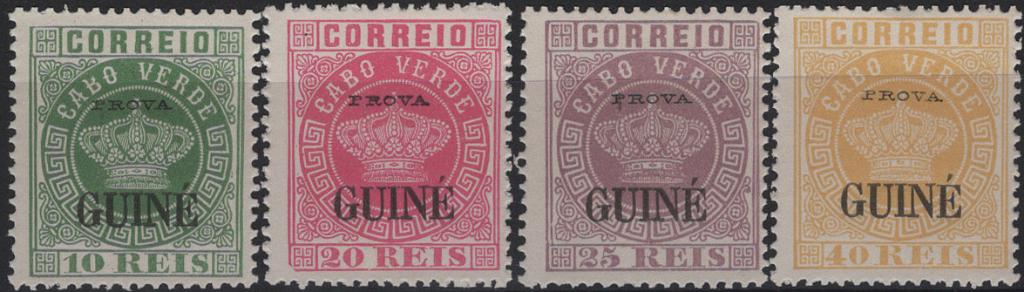1949.jpg -     Lote:    1949            Guiné       Descrição:         Reimpressões de 1885. 1885 &mdash; Tipo Coroa. Selos de Cabo Verde com sobrecarga "GUINÉ" pequena, denteado 13 &frac12;. Lote de 4 reimpressões de 10, 20, 25 e 40 reis (falta 50 reis para completar a série), todos com sobrecarga horizontal a preto "PROVA". Valor de catálogo &euro; 140.00.         R*       Valor Base:     &euro; 30,00     Valor Venda:     &euro;      