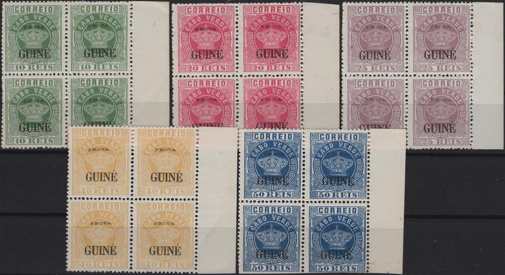 1950.jpg -     Lote:    1950            Guiné       Descrição:         1885 &mdash; Coroa. Selos de Cabo Verde, com sobrecarga "GUINÉ" grande. MF19/23. Série completa em QUADRAS bordo de folhas, de reimpressões de 1885, denteado 13 &frac12;, com sobrecarga "PROVA" pequena, horizontal a preto. Exemplares com boa cor, sem defeitos ou reparações. Valor de catálogo &euro; 700,00.         R*       Valor Base:     &euro; 125,00     Valor Venda:     &euro;      
