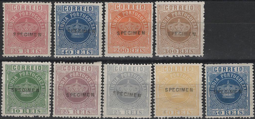 1951.jpg -     Lote:    1951            Índia       Descrição:         Reimpressões de 1885 * 1877/81 &mdash; Coroa + Coroa. Novas cores. Lote com 9 reimpressões: Mf51/52 + 55/56 + 57/61, todas com a sobrecarga horizontal "SPECIMEN", impressa a preto. Valor de cat6álogo &euro; 360,00.         R*       Valor Base:     &euro; 100,00     Valor Venda:     &euro;      