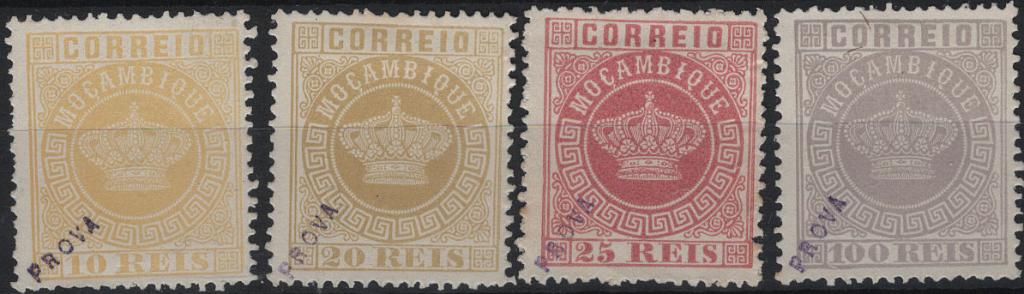 1956.jpg -     Lote:    1956            Moçambique       Descrição:         Reimpressões de 1885 * 1876 &mdash; Coroa. Lote com 4 reimpressões de 10, 20, 25 e 100 reis, MF2/4 e 7, com sobrecarga oblíqua no canto inferior esquerdo "PROVA" pequena a violeta.         R*       Valor Base:     &euro; 30,00     Valor Venda:     &euro;      