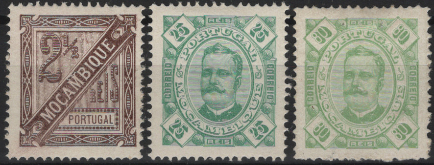 1959.jpg -     Lote:    1959            Moçambique       Descrição:         Reimpressões de 1905 * 1893/95 &mdash; D. Carlos I tipo Diogo Neto. Lote com 3 reimpressões de 2 &frac12; reis, 25 reis e 80 reis com goma original e charneira, sem defeitos nem reparações. Valor de catálogo &euro; 180,00.         R**       Valor Base:     &euro; 40,00     Valor Venda:     &euro;      