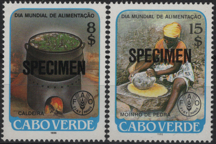 1962.jpg -     Lote:    1962                   Descrição:         Cabo Verde * Palop's * 1986 &mdash; Dia Mundial da Alimentação. AR 147/150. Série incompleta com a sobrecarga horizontal a preto "SPECIMEN". Valor de catálogo para o selo de 8$00 &euro; 100,00. O selo de 15$00 não se encontra catalogado com a sobrecarga.         PRV       Valor Base:     &euro; 80,00     Valor Venda:     &euro;      