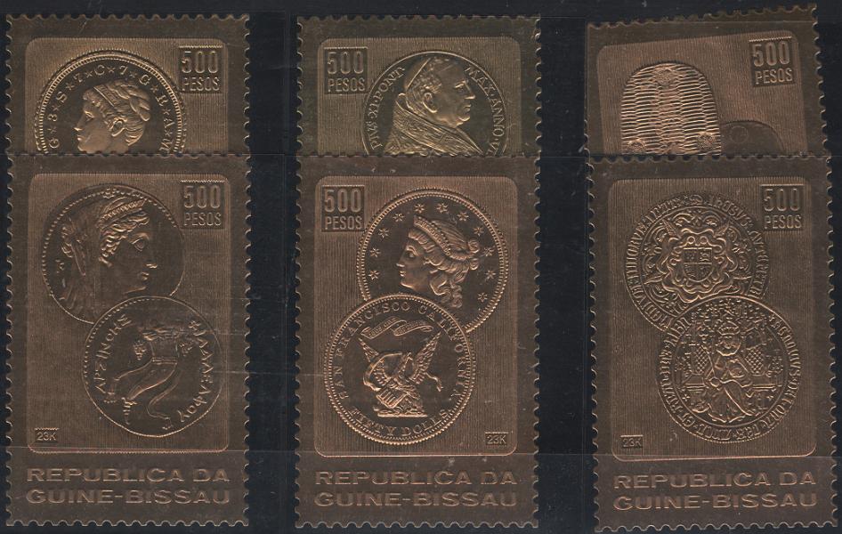 1965.jpg -     Lote:    1965                   Descrição:         República da Guiné-Bissau * Palop's * 1983 &mdash; Moedas Antigas de Ouro. AR 343/48. Série completa. Selo AR-344 com marca no verso da firma fornecedora do papel para impressão "Mactac". MBB Valor de catálogo &euro; 720,00.         ***       Valor Base:     &euro; 90,00     Valor Venda:     &euro;      